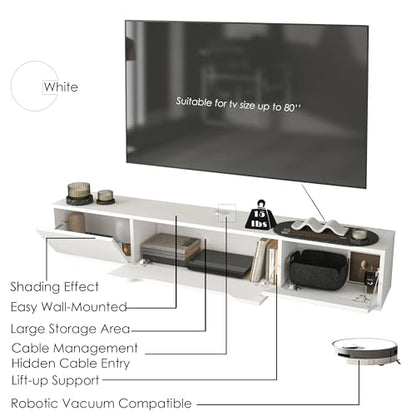 Atelier Mobili Floating TV Stand for Up to 80 Inch TVs – Wall Mounted Media Console with Handle-Free Doors – Modern Entertainment Center with Hidden Storage – White and Oak Finishes (White) - color: White