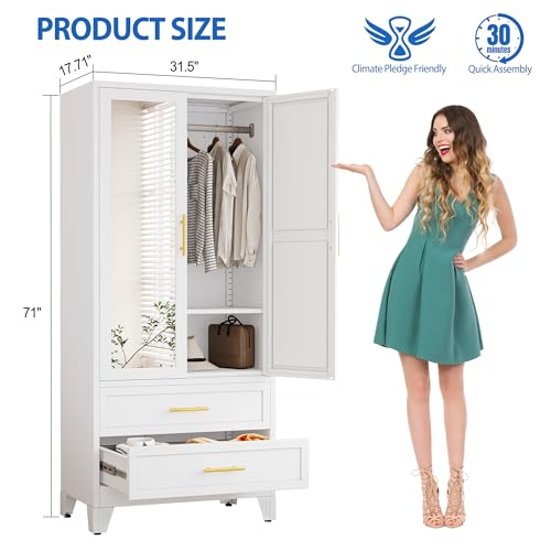 GAIOUS Steel Armoire Wardrobe Closet with Mirror and 2 Drawers 71" White | Clothes Storage Cabinets with 2 Doors, 1 Adjustable Shelf, Metal Wardrobe Cabinet with Hanging Rod for Bedroom, Gym, Cloak - color: 2 Drawer White- Mirror Style, size: 17.71"D x 31