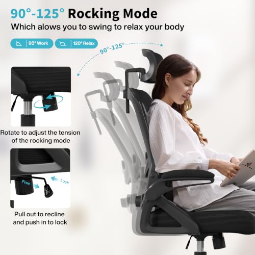 Ergonomic Office Chair,Mesh Office Chair with Lumbar Support,High Back Desk Chair with Flip-up Arms,400 lbs Big and Tall Computer Chair with Headrest,Comfy Desk Chairs - color: Deep Black