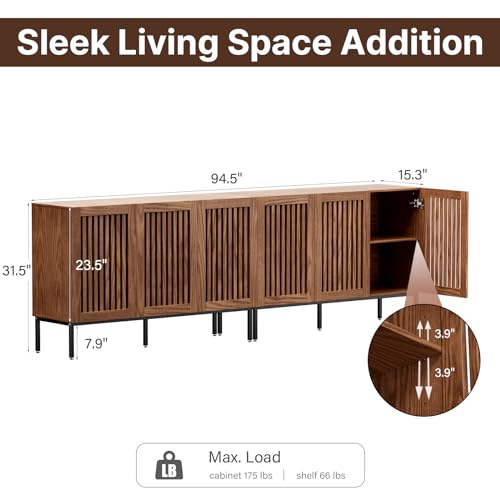 BVIUNTWO Farmhouse TV Stand for TVs up to 100 inch, 2 in 1 Entertainment Center TV Console with Storage Cabinets and Metal Base,Brown Media Console for Living Room - color: Brown, size: 95 inch-6 Door-3+3