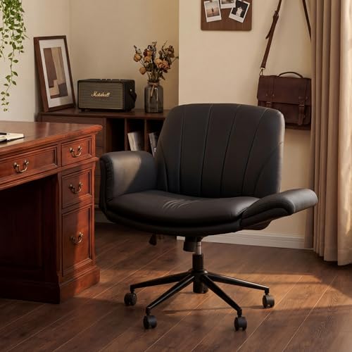 Dowinx Criss Cross Chair with Five-Level Adjustable Arms and Wheels - Comfortable Ergonomic PU Leather Swivel Vanity Chair - Computer Makeup Gaming Chair for Home Office, Bedroom, Living Room (Black) - color: All Black