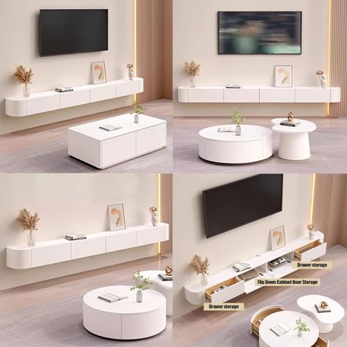 60 inch Floating TV Stand Wall Mounted TV Cabinet Floating Shelves with Door Entertainment Media Console Solid Wood Modern Living Room Round Corner TV Stand (White, 160CM) - color: White, size: 160CM