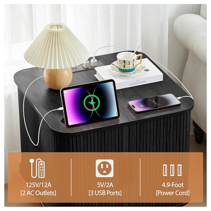 24" Large Square End Table with Charging Station, Farmhouse Fluted Sofa Side Table with Sliding Tambour Door & Storage, Curved Rustic Wood Nightstand for Living Room, Bedroom, Black - color: Black