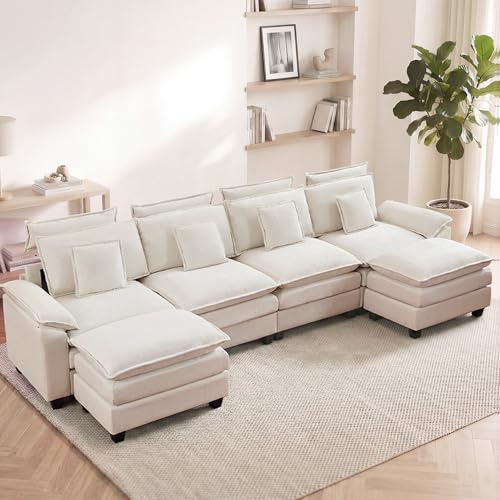 134'' U Shaped Sectional Couch, Cloud Deep Seat Sofa Couch with 2 Ottoman, Detachable Headrest, Oversized Modular 5 Seater Sofas for Living Room, Beige - color: Beige, size: U Shaped Couch