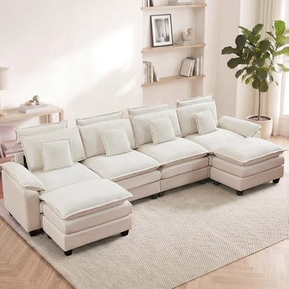 134'' U Shaped Sectional Couch, Cloud Deep Seat Sofa Couch with 2 Ottoman, Detachable Headrest, Oversized Modular 5 Seater Sofas for Living Room, Beige - color: Beige, size: U Shaped Couch