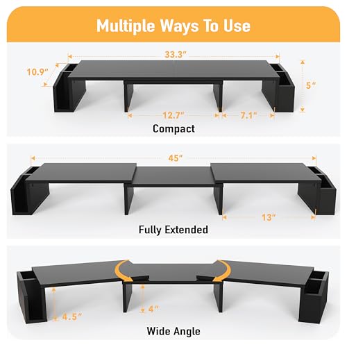 Simple Houseware Desk Dual Monitor Stand Riser with Drawer, Black | Customizable Organizer Tray, Built-In Phone & Tablet Slot and Side Storage - color: Black