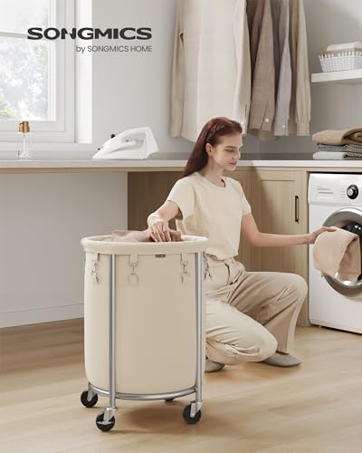 SONGMICS Laundry Basket, Rolling Steel Frame with 2 Locking Wheels, 70 L | Heavy-Duty Laundry Hamper Cart with Removable Bag, Cream White and Metallic Silver, URLS006W01 - color: Cream White + Metallic Silver, size: 70 L (1-Section)