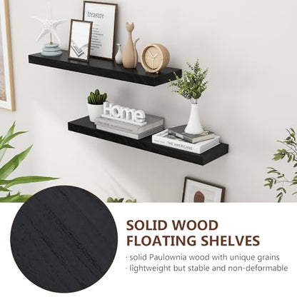 fuqing 30 Inch Floating Shelves, 6.7 Inch Deep Black Wall Shelves Set of 2 | 30'' x 6.7'' x 1.4'' Black Wood Shelves for Bathroom, Living Room, 40LBS, Lightweight, Hardware Included, Waterproof Finish - color: Black, size: 30 Inch