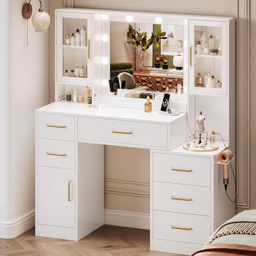 TOKSOM 51" Vanity Desk with Mirror and Lights & Charging Station, Bedroom Dressing Table, Large Vanity Set, 6 Drawers and 2 Cabinets, Makeup Vanity Table with Charging Station, Without Stool - size: 51 inch, style: Modern White