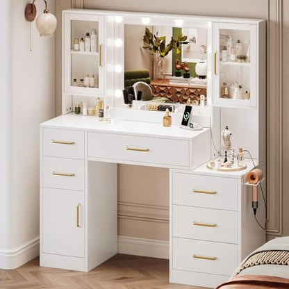 TOKSOM 51" Vanity Desk with Mirror and Lights & Charging Station, Bedroom Dressing Table, Large Vanity Set, 6 Drawers and 2 Cabinets, Makeup Vanity Table with Charging Station, Without Stool - size: 51 inch, style: Modern White