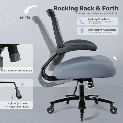 Kassipo Big and Tall Office Chair with Flip-Up Armrests, Grey | 500LBS Capacity, Spring-Reinforced Memory Foam Seat & Heavy-Duty Base - color: Grey