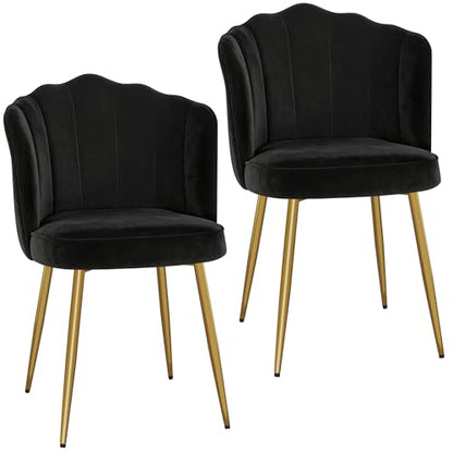 VECELO Velvet Dining Chairs Set of 2, Modern Upholstered Kitchen Chairs with Thick Cushions, Curved Padded Backrest and Metal Legs, for Kitchen, Dining Room, Living Room, Black - color: Black, size: Set of 2