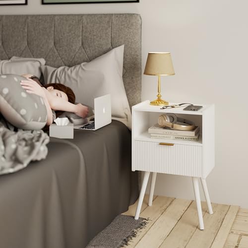 White Nightstand,Modern Bedside Table with Storage Drawer and Open Wood Shelf, for Living Room, Bedroom and Small Spaces, Accent Night Stand with Solid Wood Legs, Easy Assembly,Classic White - color: White