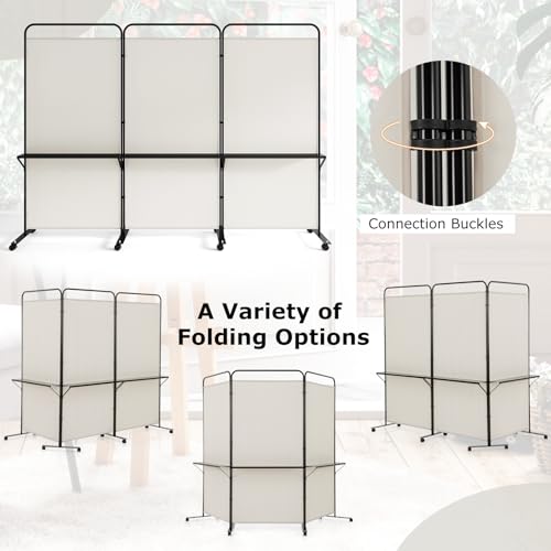 Giantex 3 Panel Room Divider with Wheels and Shelves, 103" W x 74" H Folding Privacy Screen, Rolling Partition Separator for Home Office Studio, Fabric Wall Divider for Room Separation (Beige) - color: Beige