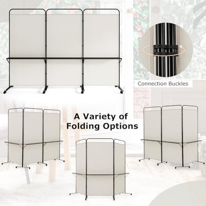 Giantex 3 Panel Room Divider with Wheels and Shelves, 103" W x 74" H Folding Privacy Screen, Rolling Partition Separator for Home Office Studio, Fabric Wall Divider for Room Separation (Beige) - color: Beige