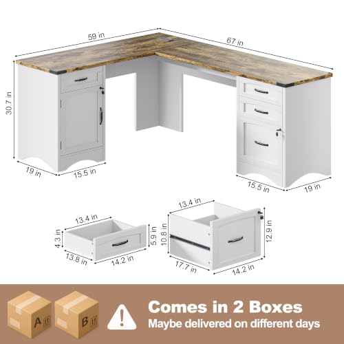 Decofy 67" L-Shaped Standing Desk, File Cabinet & Charging Station, White | Four Drawers, File Cabinet, Farmhouse Corner Desk, Wood Workstation, White Finish, For Home Office, Study and Writing - color: White