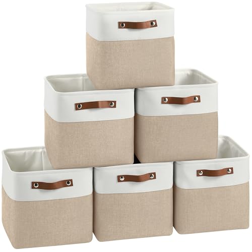 FinishingBo 11 inch Cube Storage Bin 6 Pack, Cube Organizer Bins | Fabric Storage Bins With Handles, 11x11 Storage Cubes, Shelf Basket, White/ Khaki - color: White/ Khaki