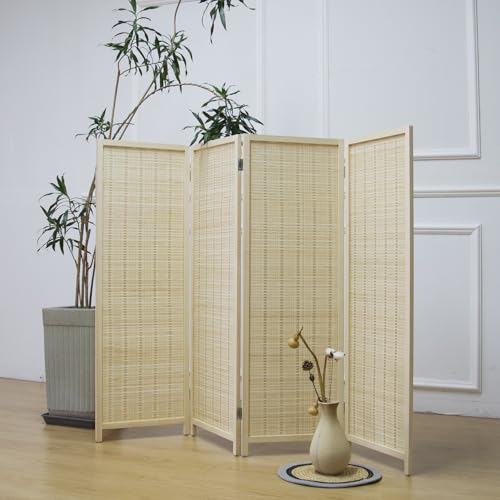 4 Panel Short Room Divider Screen,Beige Freestanding Partition,Small Bamboo Panel Divider for Room Seperation,3.95 FT Tall - color: Beige, size: 4 Panel