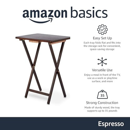 Amazon Basics Portable Foldable TV Tray Table with Storage Rack, Space-Saving Design, Sturdy Wood, 14.6" L x 19" W x 26" H, Espresso, 4-Pack - color: Espresso