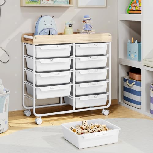 10 Drawers Rolling Cart with Wooden Tabletop, Utility Storage Cart with Wheels, Art Supply Craft Organizer on Wheel with Metal Frame & Handles for Home Office School (Pure White) - color: Pure White
