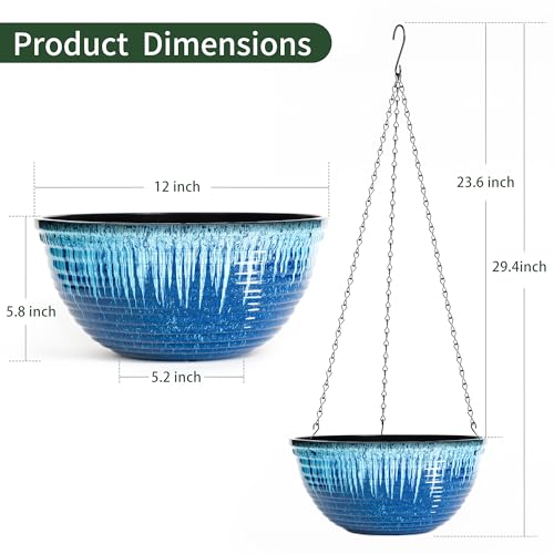 Vanslogreen 12 inch Hanging Planters for Indoor Outdoor Plants, 2 Pack Large Hanging Flower Pots with Drainage Holes and Chain, Glazed Hanging Baskets for Home Garden Decoration (Blue Flow Glaze) - color: Blue Flow Glaze, size: 12inch