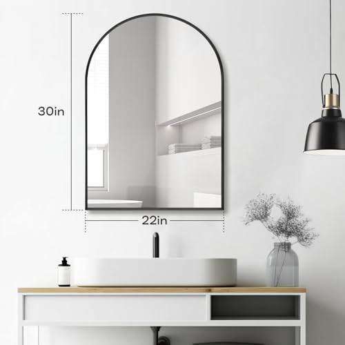 Black Arched Mirror 22x30in, Metal Framed Bathroom Vanity Wall | Tempered Glass, Shatter Proof, Living Room Bedroom Entryway, Modern Elegant Design - color: Black, size: 30"L x 22"W, style: Arched