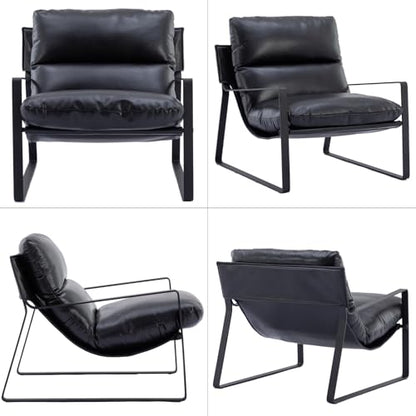 Set of 2 Accent Chairs, PU Leather Living Room Chair, Black | Comfy Armchairs, Upholstered Lounge Armchair, Removable Seat Cushion, Black Metal Frame, For Reading Room, Bedroom, Balcony - color: Black-black Legs, size: 2PCS
