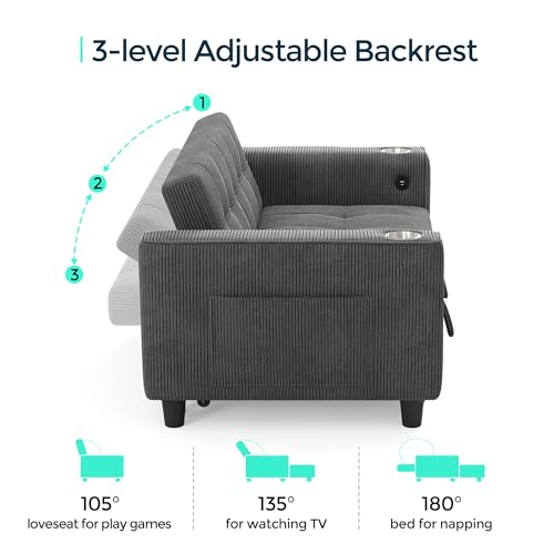 LINSY 54" Pull Out Couch with Charging Station - Sleeper Sofa Bed with Cup Holder, Small 3 in 1 Convertible Loveseat Sleeper Couch for Apartment, Dorm Room, Bedroom and Small Space, Dark Gray - color: Charcoal