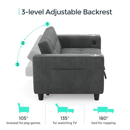 LINSY 54" Pull Out Couch with Charging Station - Sleeper Sofa Bed with Cup Holder, Small 3 in 1 Convertible Loveseat Sleeper Couch for Apartment, Dorm Room, Bedroom and Small Space, Dark Gray - color: Charcoal