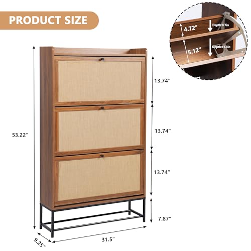 Narrow Shoe Storage Cabinet with 3 Flip Drawers, Freestanding Wooden Closed Shoe Rack, Slim Cabinet Storage for Entryway, Hallway, Living Room (Walnut) - color: Walnut, size: 3 Drawers Standard