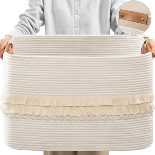 108L Large Basket for Living Room, Boho Decorative Basket Organizing with Handles, Cotton Rope Storage for Toys, Pillows, Clothes, 25’’*16’’*16’’ White - color: White, size: 108L