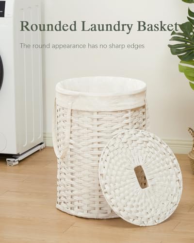 SETVSON Laundry Hamper with Lid Laundry Basket with Lid 72L, White | 19 Gal Round PE Rattan Hamper with Lid, Removable Washable Liner Bag, 2 Mesh Wash Bags, Steel Frame, Handles - color: White, size: 72 L