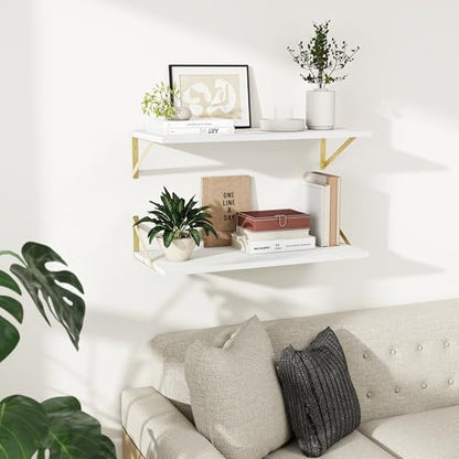 Dreamland Wall Mounted Floating Shelves Set of 2, 30x12, White&Gold | Engineered Wood, Visible Bracket, Large Storage, Hold Up to 55lbs, Living Room, Bathroom, Bedroom, Kitchen - color: White&gold, size: 30"W x 12"D