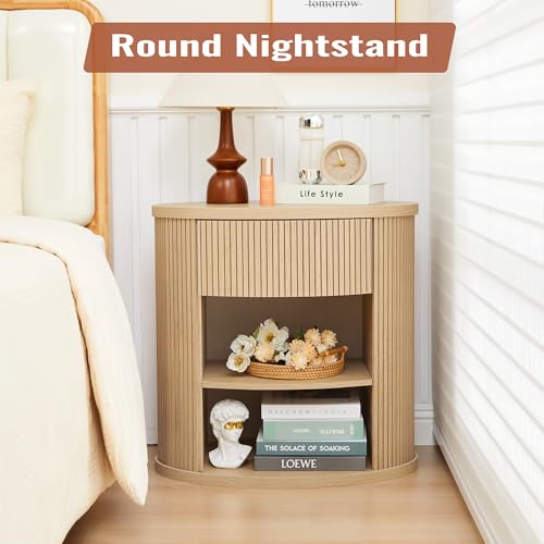 Fluted End Table with Drawer, Boho Side Table with Storage, Mid Century Modern Nightstand for Bedroom Bedside, Living Room Couch Sofa, Office, Desk Side Table for Small Spaces - color: Oval-natural