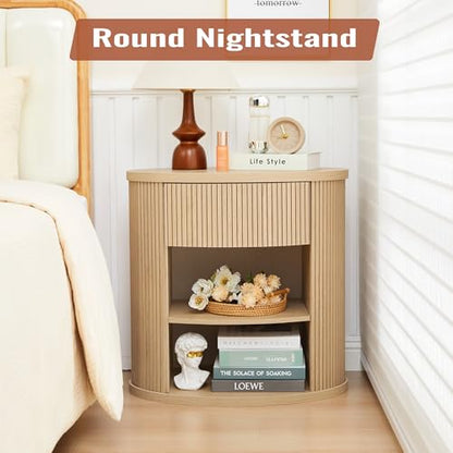 Fluted End Table with Drawer, Boho Side Table with Storage, Mid Century Modern Nightstand for Bedroom Bedside, Living Room Couch Sofa, Office, Desk Side Table for Small Spaces - color: Oval-natural