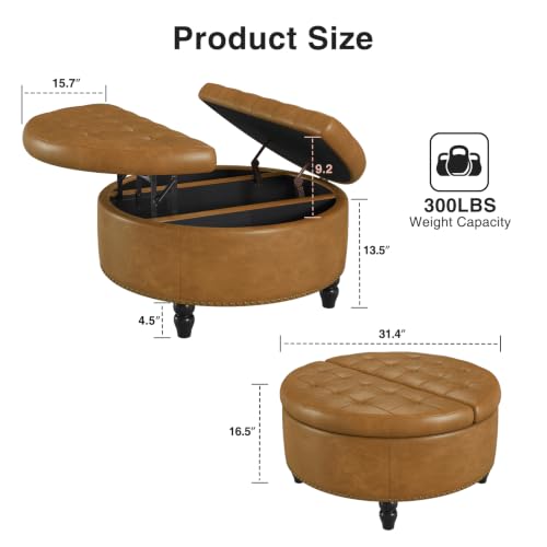 FiveWillowise 30 Inch Large Round Ottoman with Storage Circular,Camle | Leather Coffee Table with Lift Top,Modern Upholstered Button Tufted Footrest Stool Solid Wood Legs for Living Room,Bedroom - color: Camle