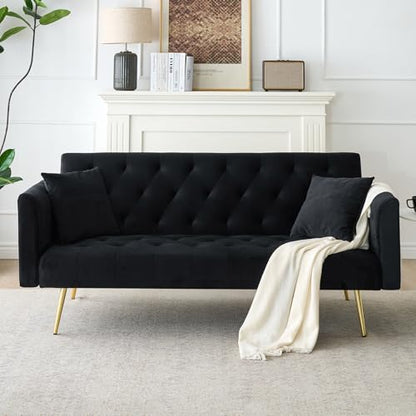 71" Modern Velvet Sofa Bed Futon, Convertible Sleeper Couch, Adj. Backrest | Tufted Recliner Loveseat Design with Golden Chrome Legs & 2 Pillows, Perfect for Small Spaces, Living Room, Apartment - color: Black