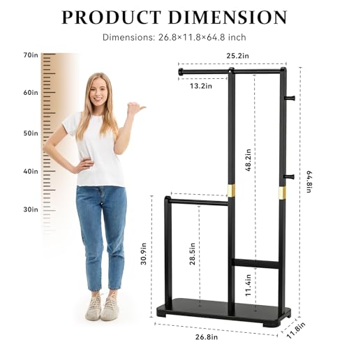 Solid Wood Coat Rack, Freestanding Standing Clothes Rack with Double Hanging Rods for Coats, Jackets, Wooden Coat Tree Garment Rack for Bedroom Entryway Hallway, Space Saving Small Coat Rack - color: Black