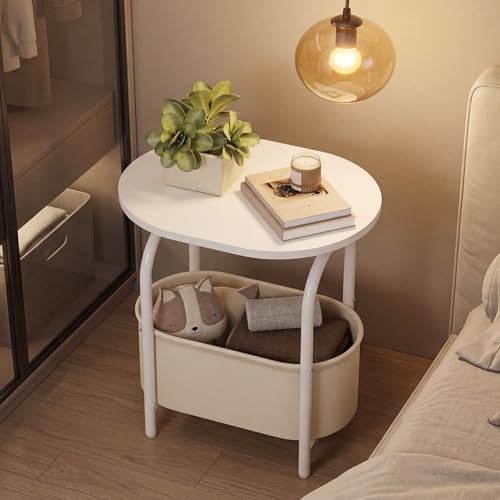 Small Round Side Table with Fabric Basket Storage, Oval End Table for Small Spaces, Modern Coffee Bedside Table, Couch Side Table for Living Room, 15.7" X 11.8" X 24", White and Beige 8601BZWT - color: White and Beige
