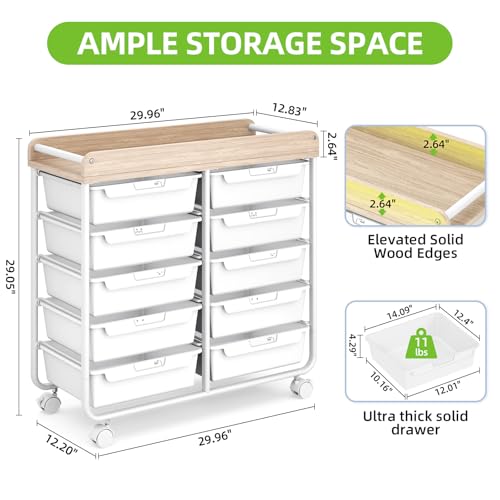 10 Drawers Rolling Cart with Wooden Tabletop, Utility Storage Cart with Wheels, Art Supply Craft Organizer on Wheel with Metal Frame & Handles for Home Office School (Pure White) - color: Pure White