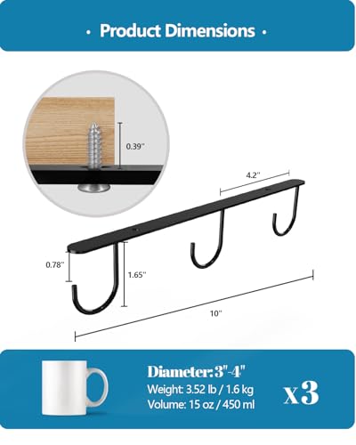 3 Pack Mug Hooks Under Cabinet with 9 Hooks for Displaying Mugs, Black | Coffee Mug Holder for Hanging Under Shelf, Cup Hanger, Coffee Cups and Kitchen Utensils - color: Black