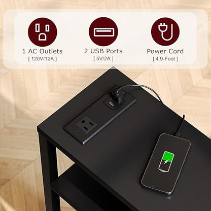 Narrow Side Table with Charging Station, Slim End Table with Magazine Rack, Bedside Table for Small Spaces, 3 Tier Sofa Couch Table Nightstand for Living Room, Bedroom, Black LET503BE - color: Black, style: With Charging Station