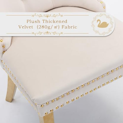Velvet Upholstered Dining Chairs Set of 2, Modern Style Kitchen Side Chairs with Nailhead Trim and Gold Plated Leg, Metal Pulling Ring for Dining Room Living Room(Beige-Gold Plated Leg) - color: Beige-gold Plated Leg, size: Set of 2