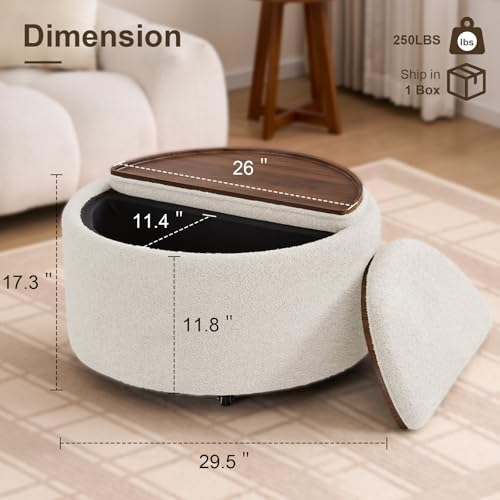 29.5" Round Storage Ottoman Coffee Table, Dual Reversible Lids, Beige | Round Ottoman Coffee Table, Swivel Casters, Hidden Storage, Dual Lift-Off Lids, Teddy Fabric, Living Room, Bedroom - color: Beige