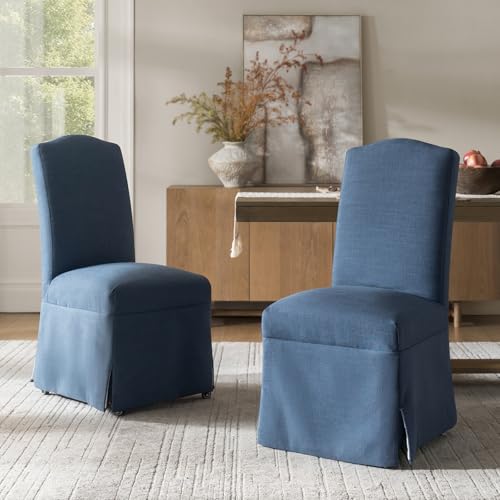 HULALA HOME Upholstered Dining Chairs Set of 2, High Back Dining Chairs with Removable Slipcover, Solid Wood Legs with Casters, Transitional Accent Chairs for Dining Room Living Room, Slate Blue - color: Slate Blue, size: Set of 2