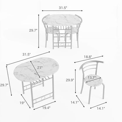 Shahoo 3-Piece Dining Table Set for 2, Kitchen Breakfast Nook Set | 2 Chairs & Round Tabletop, Space Saving Wooden Furniture Metal Frame and Built-in Wine Rack, Marble White - color: Marble White