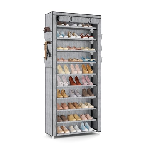 VTRIN Vertical Narrow Shoe Rack Organizer Tall Shoe Rack for Closet Entryway 10 Tier Non-Woven Cover Shoe Shelf Holds 36-41 Pairs Free Standing Shoe Storage Cabinet with Dustproof Cover, Multi Color - color: Light Grey, size: 24.8"W x11.8"D x 68.9"H