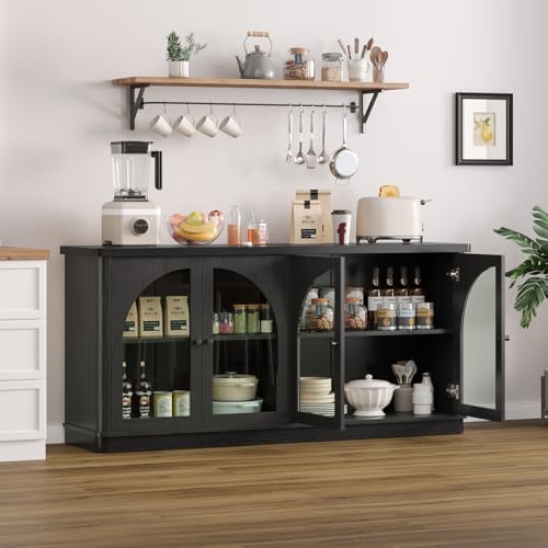 63 Inch Sideboard Buffet Cabinet with Glass Doors, Credenzas Cabinet, Black | 4 Doors, Arched, Large, Adjustable Shelves, Modern Style, for Living Room, Kitchen, Entryway