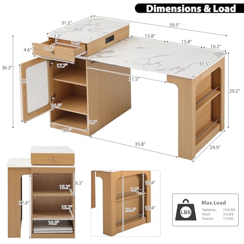 59.5" Kitchen Island with Extendable Dining Table, Kitchen Storage Table with Double-Sided Storage & Drawers, Power Outlet, Side Open Shelves, for Dining Room (Natural3) - color: Natural3