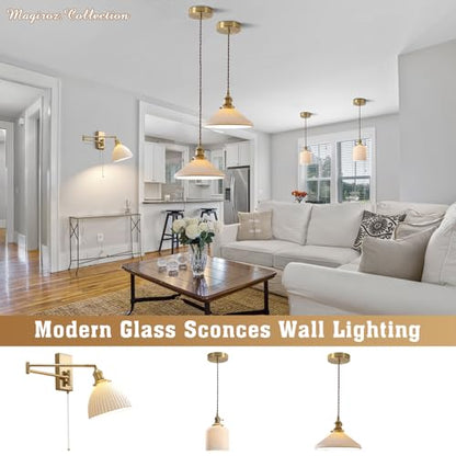 1-Light Bathroom Wall Sconce Modern Farmhouse Gold Swing Arm Wall Sconce Milk Glass Wall Lamp with Pull Chain Single Brushed Brass Wall Mount Light Hardwired Wall Light Fixtures MWL14D-1 - color: D-1Pack
